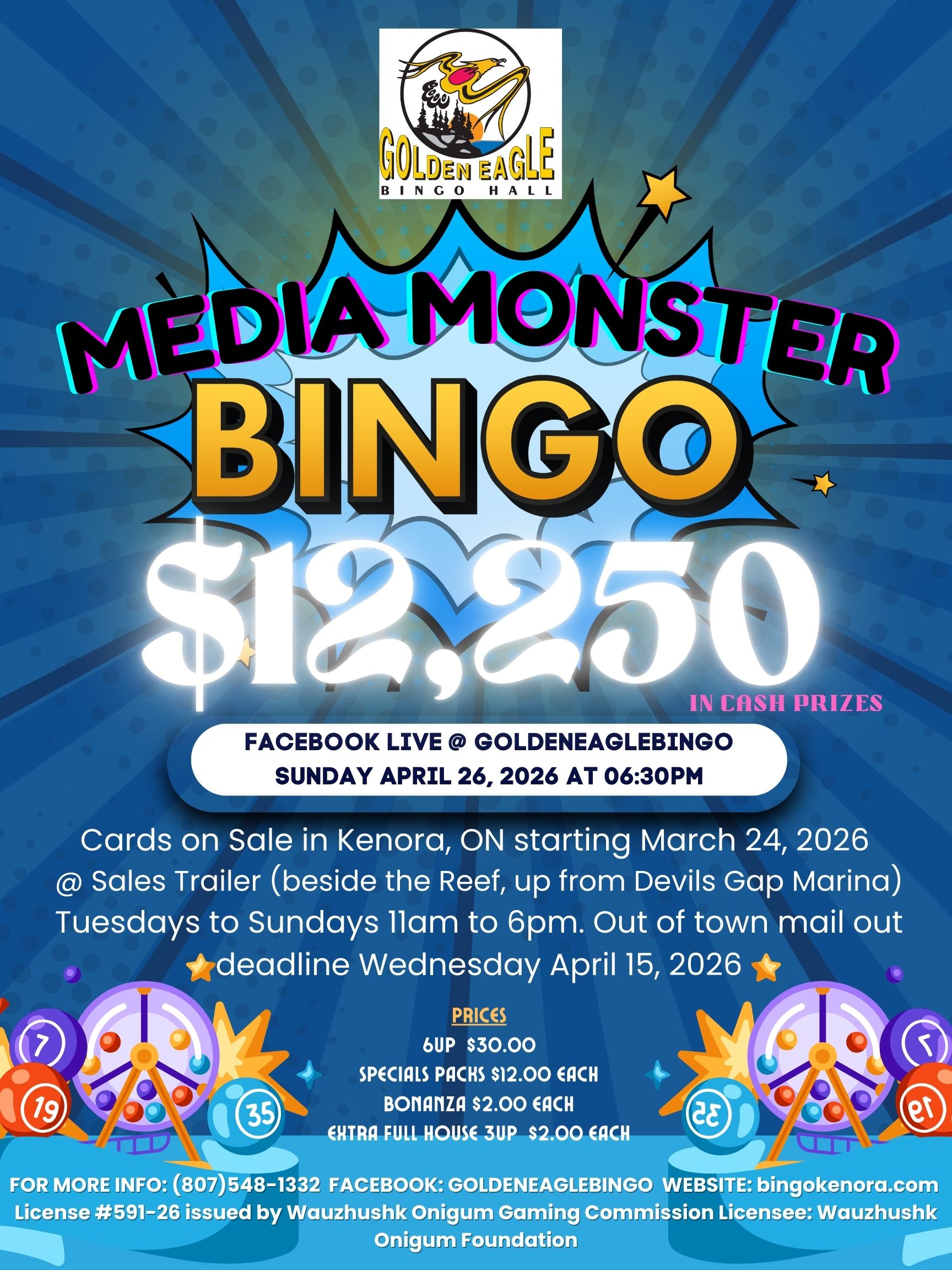 Poster for Golden Eagle Bingo's Media Monster event on April 26, 2026, featuring $12,250 in prizes. Full event details, pricing, and location info in description.
